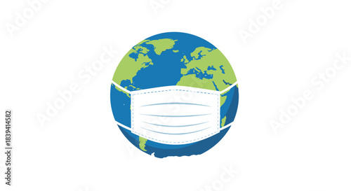 Planet earth wearing a protective medical face mask as a symbol for the global coronavirus pandemic and environmental care.