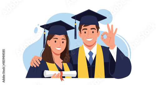 Happy couple of university graduates in academic gowns celebrating their success with a diploma and an okay hand gesture.