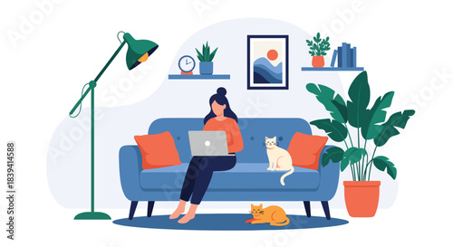 Young woman working or studying from home on her laptop in a cozy living room accompanied by her two adorable pet cats.