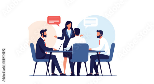 Female business leader conducting a meeting and presenting her ideas to a team of male colleagues in a modern boardroom.
