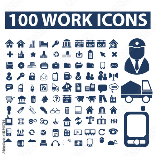 Set of icon collection of 100 blue work and business icons for interface design icon set