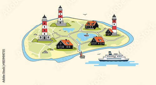 Picturesque cartoon island with traditional houses four lighthouses a ferry and a sailboat in a charming coastal landscape.