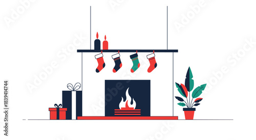Cozy Christmas scene with a warm fireplace decorated with stockings and gifts creating a festive holiday home interior.