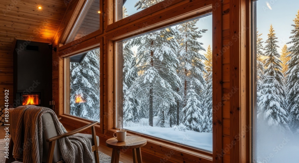 Fototapeta premium Warm wooden cabin interior offers a cozy view of a snow-covered evergreen forest through large windows