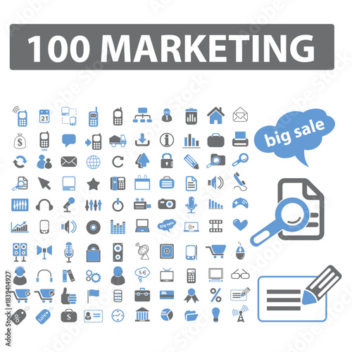 Icon set one hundred marketing icons set with magnifying glass and speech bubble set of icon