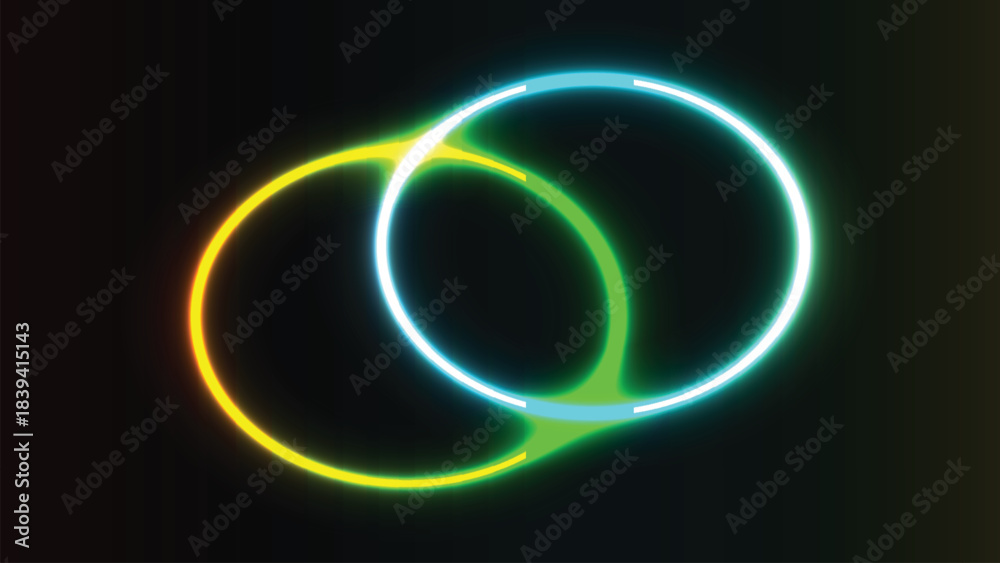 Obraz premium Interlocking neon rings pulse with vibrant light on dark background