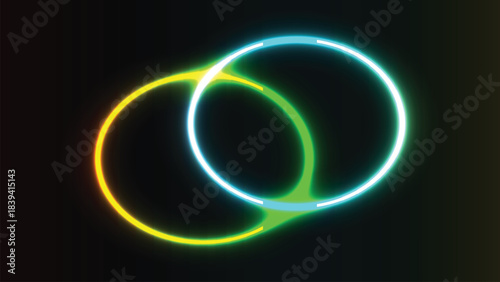 Interlocking neon rings pulse with vibrant light on dark background