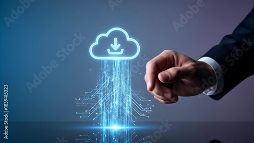 Wallpaper Mural Illuminated Cloud Download Icon with Stream of Light Against Blue and Purple Gradient Background with a Man Touching the Icon in Dark Jacket Torontodigital.ca