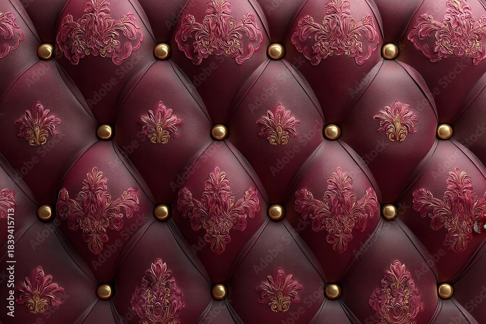 Naklejka premium Luxurious burgundy diamond quilted velvet with gold studs for upholstery and décor photography