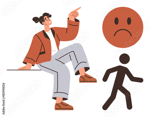 Young woman in casual attire confidently pointing forward, contrasted by a sad face and walking figure. Ideal for personal growth, motivation, emotional expression, leadership, decision-making, or