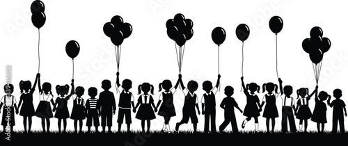 Happy children silhouette holding balloons together in joyful outdoor celebration of friendship unity freedom childhood and community bonding fun memory