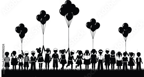 Happy children silhouette holding balloons together in joyful outdoor celebration of friendship unity freedom childhood bonding community fun memory