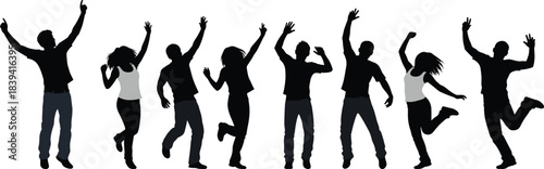 Happy energetic people silhouette jumping and dancing together in celebration of freedom youth unity party joy movement lifestyle energy fun spirit