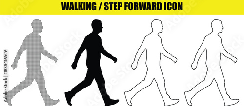 Walking step forward icon set in various styles includes dotted, solid black, solid white, and outline versions on transparent background
