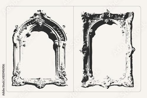 Grunge Gothic vector illustration of a plaster frame with filigree texture, perfect for retro posters, decoration, and vintage design.