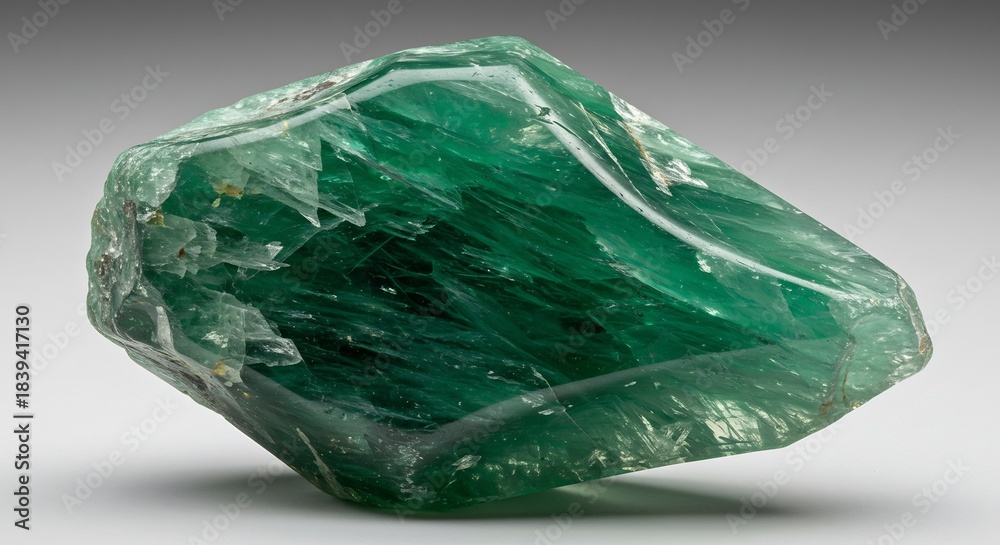 Fototapeta premium 光を透過し神秘的な輝きを放つ深緑の未加工原石 自然が創り出す壮麗な透明感と質感を持つ鉱物のクローズアップ. AI Generated