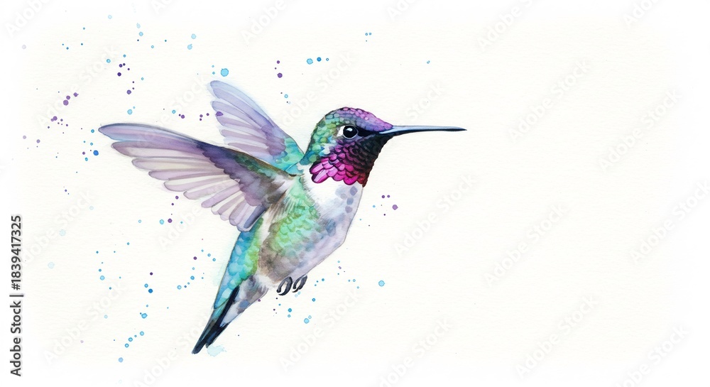 Fototapeta premium 透明感あふれる水彩で描かれた色彩豊かなハチドリが光を浴びて軽やかに舞い上がる 白い空間に飛び散る鮮やかな絵の具のしぶきが生命力と躍動感を際立たせる美しいイラスト. AI Generated