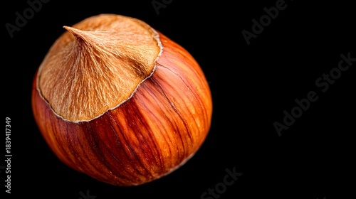 Nut is shown in its shell, with the top of the nut missing. The nut is brown and has a pointy top