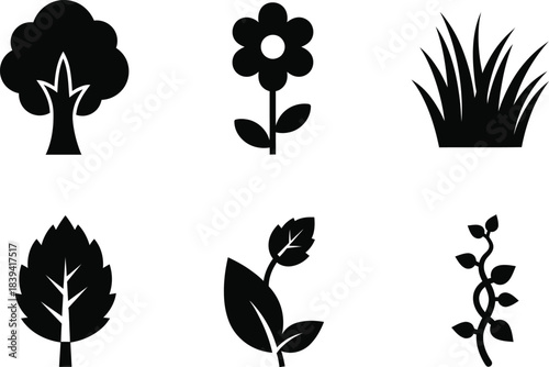 Black bold neat icons of neat tree flower grass leaf vine plant garden growth set
