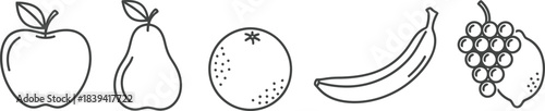 Black line icons of clean apple pear banana orange grape lemon fruit set