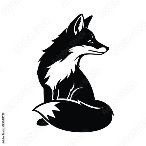 Stylized black and white sitting fox illustration with elegant lines, a graphic emblem of wild intelligence and natural grace.

