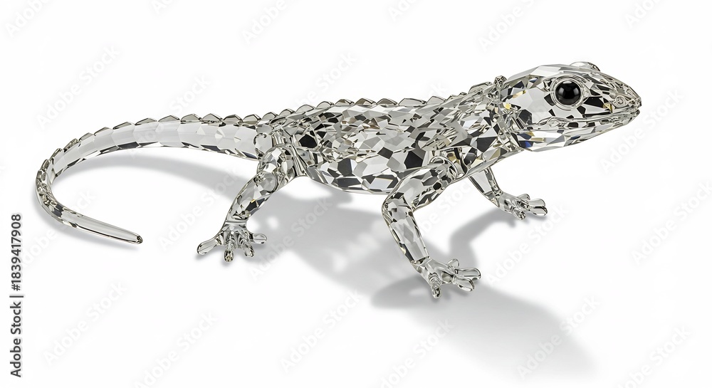 Naklejka premium キラキラと光るクリスタルトカゲの置物白い背景に繊細なカット面が輝く美しいアート作品. AI Generated