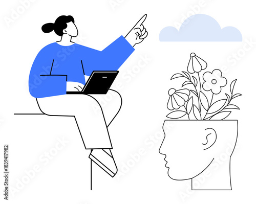 Person holding a laptop points upward, next to a head with blooming flowers representing ideas and mental growth. Ideal for creativity, innovation, education, mindfulness, wellness, inspiration