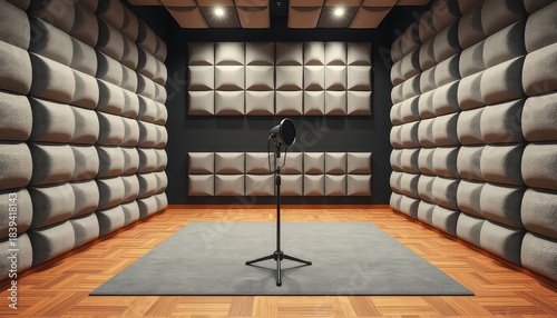 Fototapeta Naklejka Na Ścianę i Meble -  Professional acoustic treated recording studio with microphone ready for use
