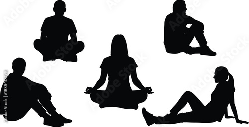 People silhouette sitting in calm yoga meditation poses showing mindfulness inner peace balance relaxation wellness harmony focus and spiritual lifestyle