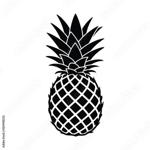 Pineapple silhouette icon with detailed leaves, tropical fruit graphic design element on a clean white background.
