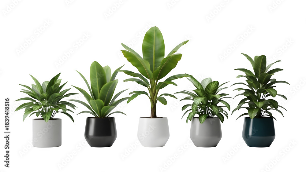 Fototapeta premium Assortment of potted tropical plants in white and dark ceramic containers isolated on transparent background
