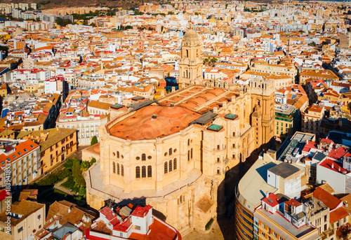 Malaga Cathedral aerial panoramic view in Andalusia, Spain