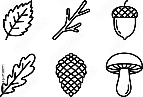 Solid black line art of neat leaf branch acorn pinecone mushroom forest nature set