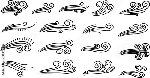 Set of Hand Drawn Swirling Wind and Smoke Elements for Graphic Design curl wave