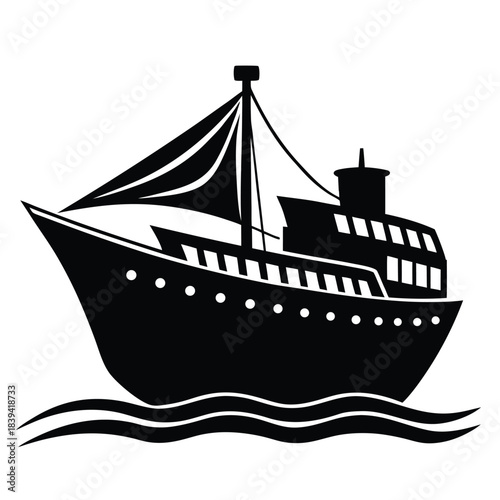 Cruise liner in water vector silhouette, sailing boat, ocean cruise, sea travel, ship icon