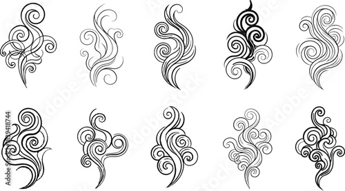 Elegant Swirling Abstract Decorative Elements in Black and White curl