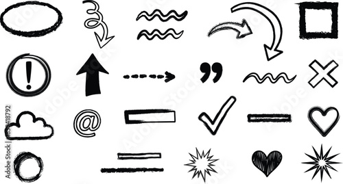 Collection of Hand Drawn Doodle Shapes, Arrows, and Symbols for Design icon