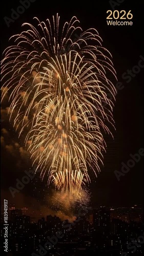Spectacular Golden Fireworks Illuminating the Night Sky Above a City Welcoming 2026