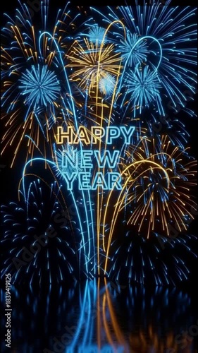 Festive 'Happy New Year' Neon Text with Sparkling Blue and Gold Firework Display
