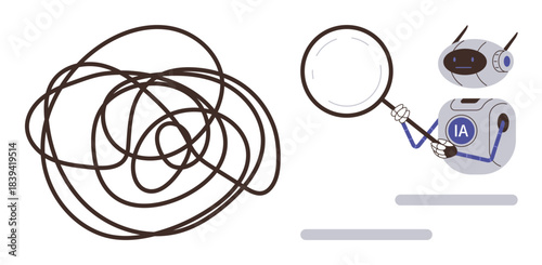 AI robot with a magnifying glass examining a tangled line. Ideal for problem-solving, AI research, data analysis, innovation, technology, complexity, solutions. Simple flat metaphor