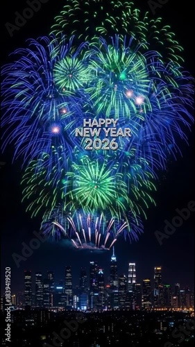 Spectacular New Year 2026 Fireworks Exploding Over a Vibrant Cityscape at Night