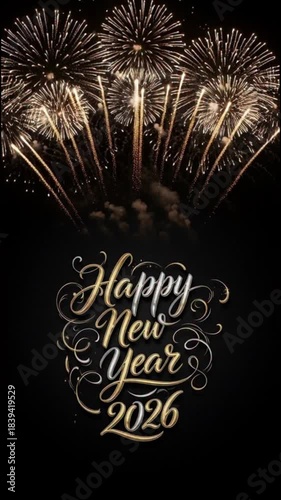 Spectacular Golden Fireworks Illuminating the Night Sky with Happy New Year 2026 Text