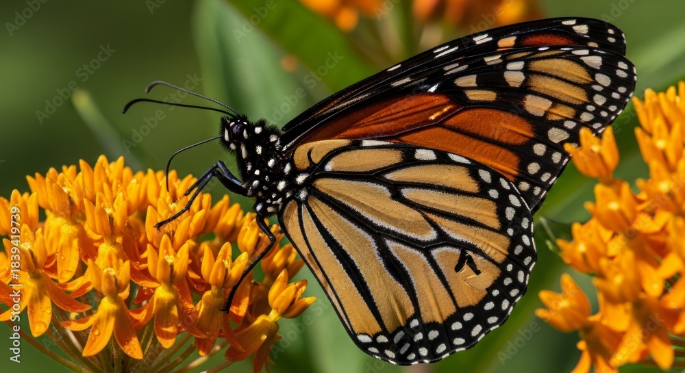Fototapeta premium Striking orange and black insect rests upon vibrant yellow bloom in nature