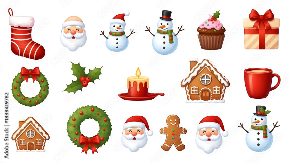 Naklejka premium Charming collection of festive christmas decorations including gingerbread houses and stockings isolated on transparent background
