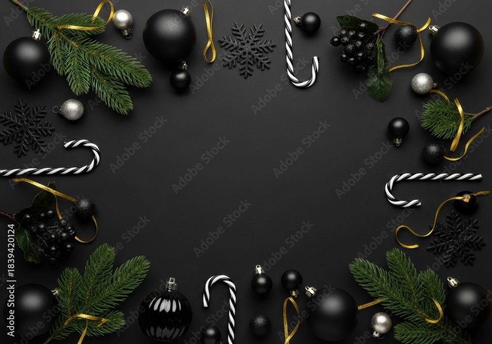 Fototapeta premium Elegant Christmas concept on a black background with festive elements and holiday accents.