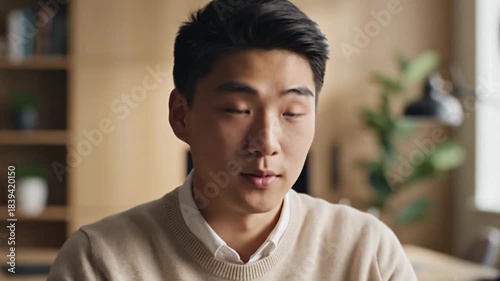 An attentive young Asian student speaks and listens during a video conference on sharing experiences and remote collaboration