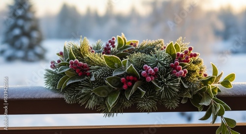 Frost covered decorative holiday greenery arrangement rests upon a snow dusted ledge outdoors