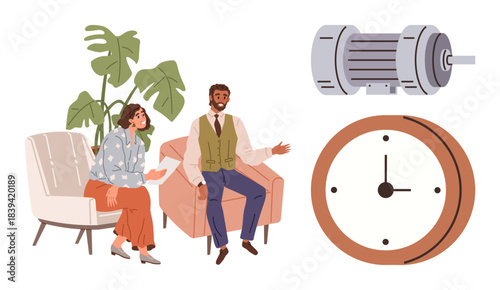 Business colleagues having a conversation on chairs with industrial motor and clock nearby. Ideal for teamwork, productivity, time management, career growth, innovation, collaboration, efficiency