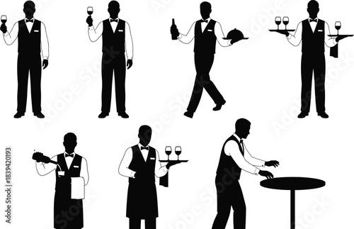 Waiter silhouette serving drinks and food in professional restaurant service poses showing hospitality elegance fine dining and customer service lifestyle