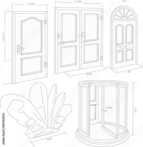Architectural plan drawings showcasing doors and shower enclosure